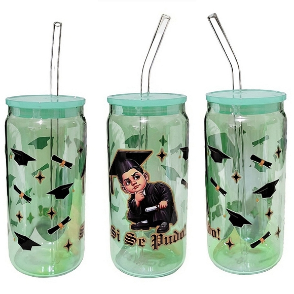 Graduation Custom Green Holographic Glass Tumbler Cup 20oz - Picture 1 of 5